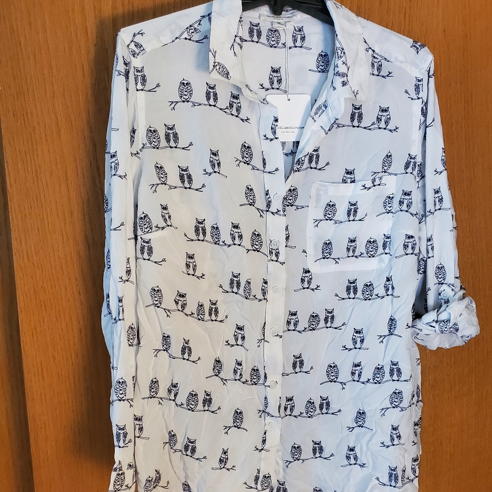 Beach Lunch Lounge Top 2X White Owl Collar Button Down Long Sleeve New with tags